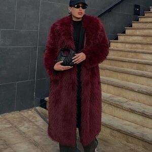Luxurious Burgundy Faux Fur Long Coat size small